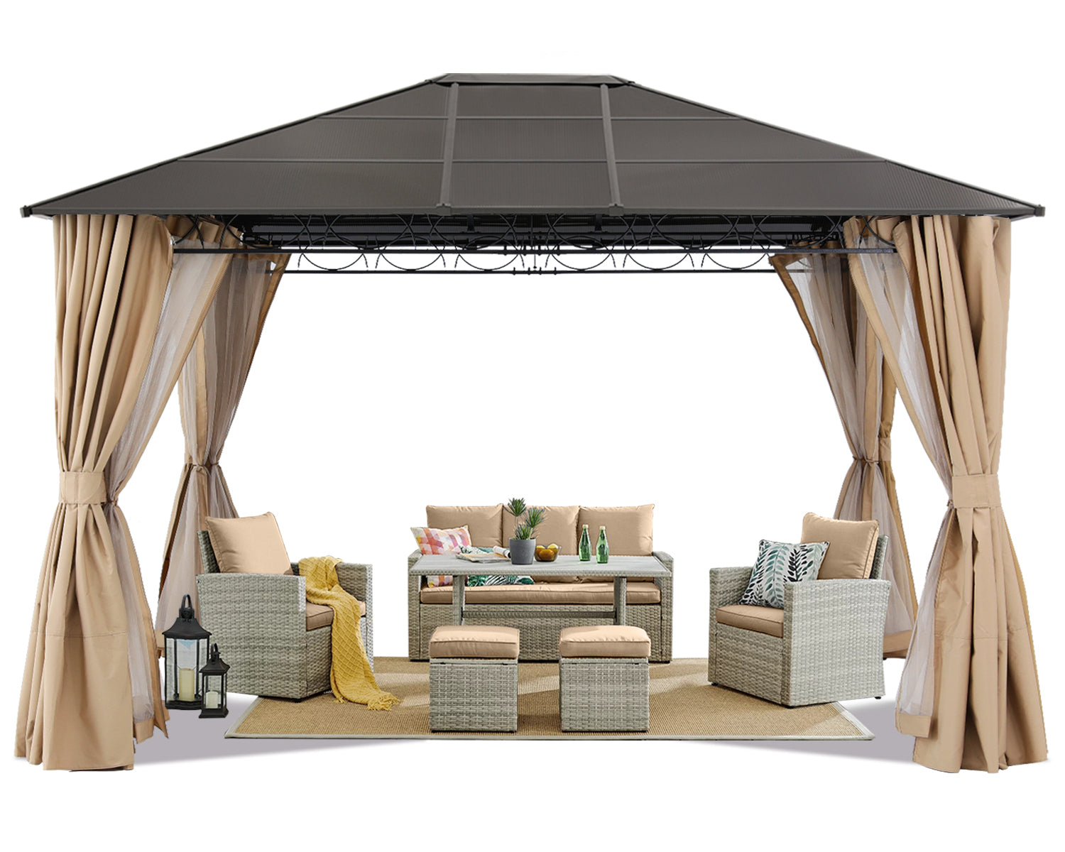 10x10/10x12 Steel Roof Hardtop Gazebo with Privacy Curtains and Netting