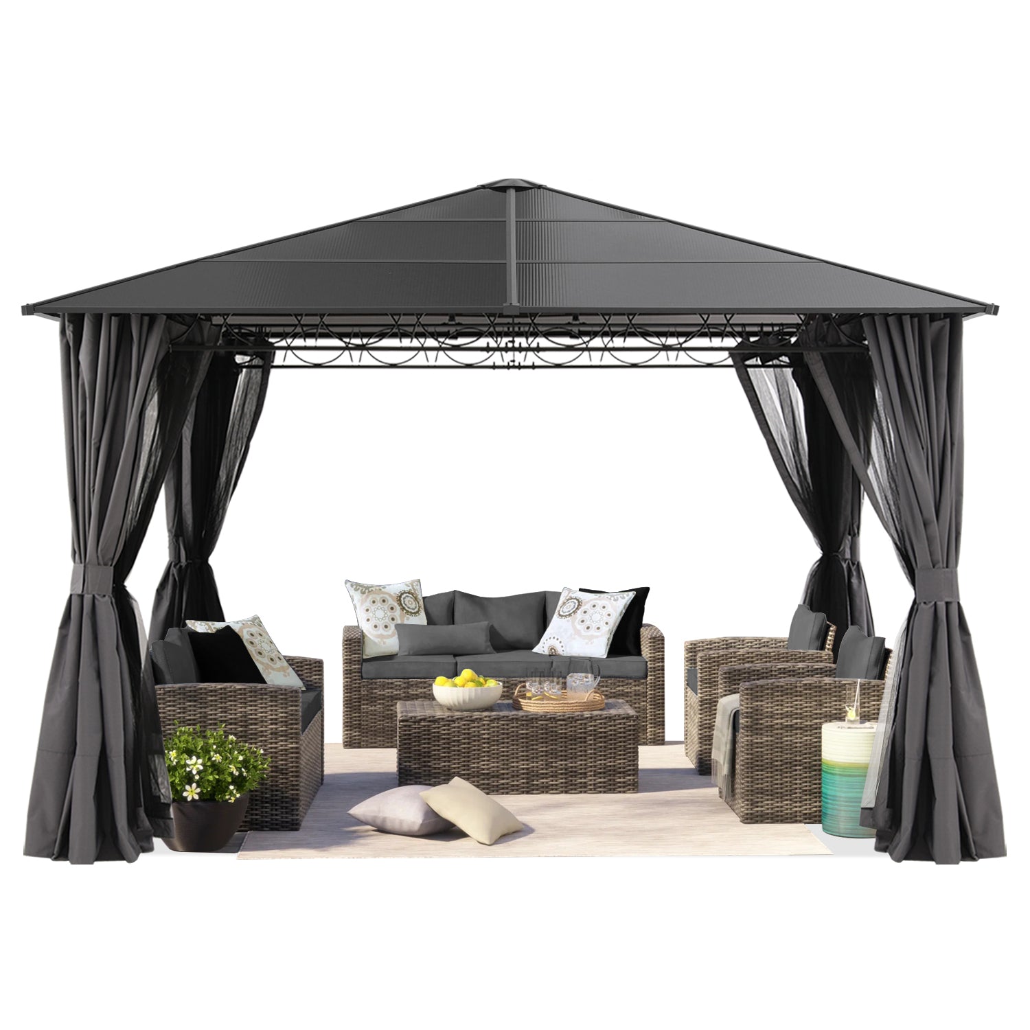 10x10/10x12 Steel Roof Hardtop Gazebo with Privacy Curtains and Netting