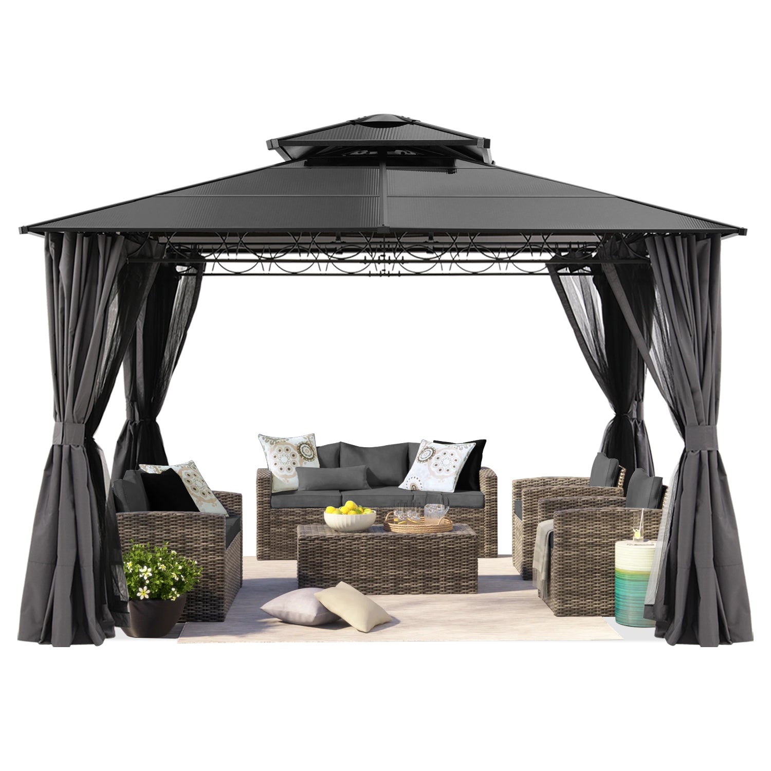 10x10/10x12 Steel Double Roof Hardtop Gazebo with Privacy Curtains and Netting