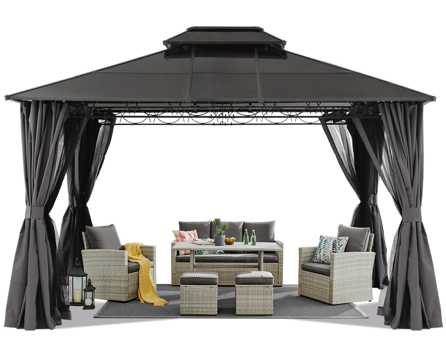 10x10/10x12 Steel Double Roof Hardtop Gazebo with Privacy Curtains and Netting