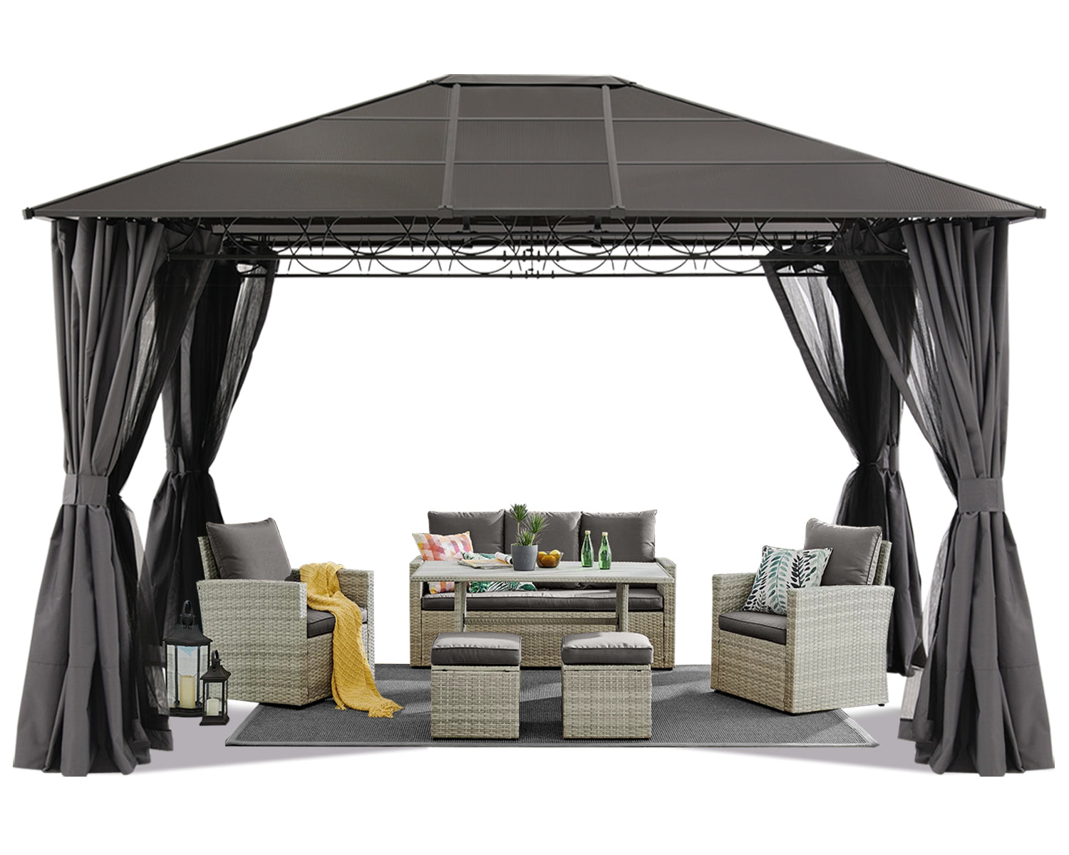 10x10/10x12 Steel Roof Hardtop Gazebo with Privacy Curtains and Netting