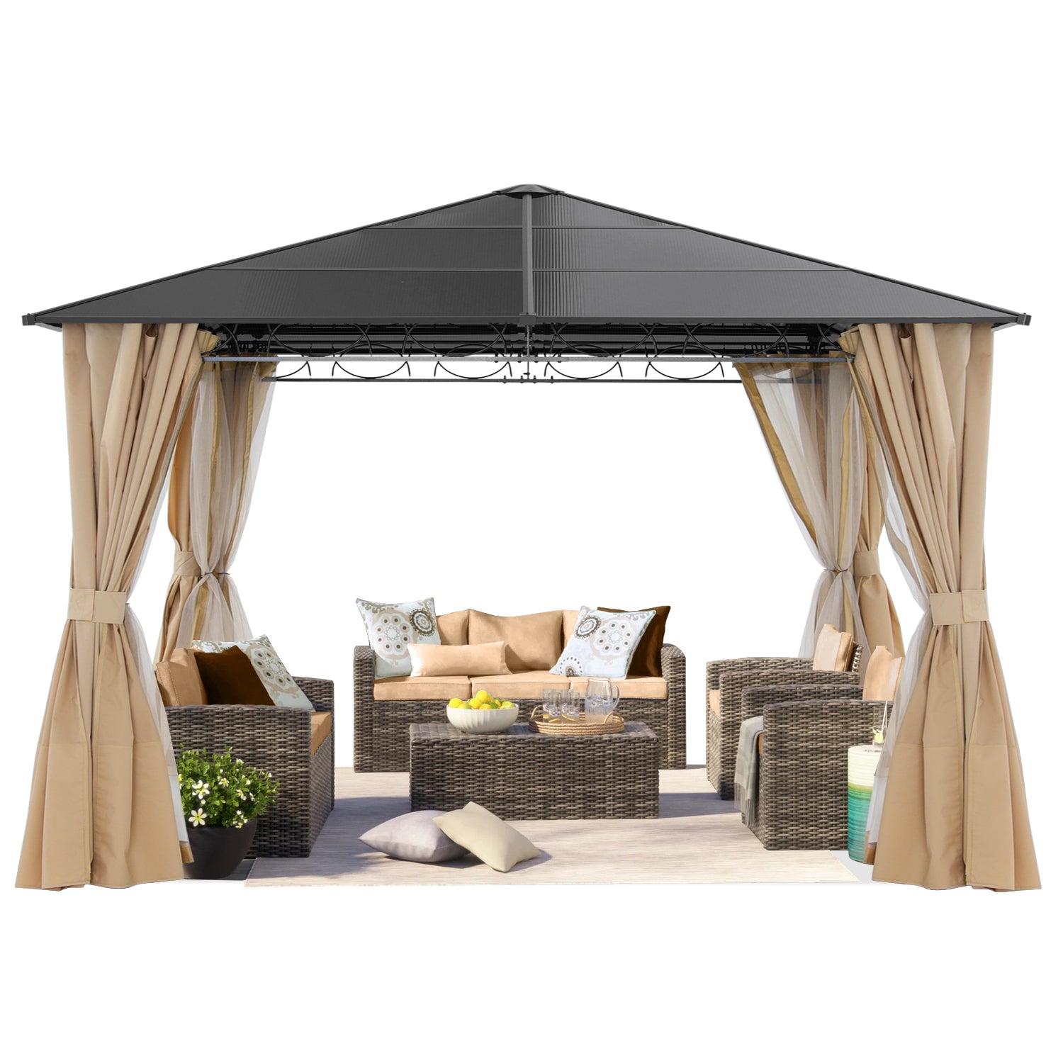 10x10/10x12 Steel Roof Hardtop Gazebo with Privacy Curtains and Netting
