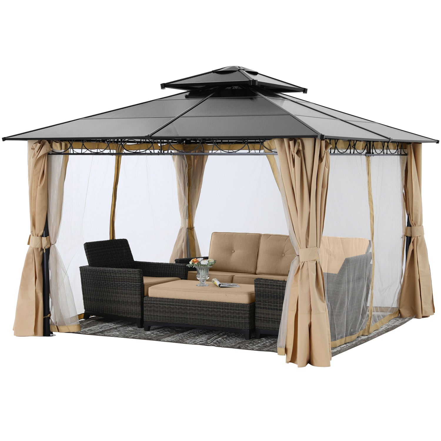 10x10/10x12 Steel Double Roof Hardtop Gazebo with Privacy Curtains and Netting