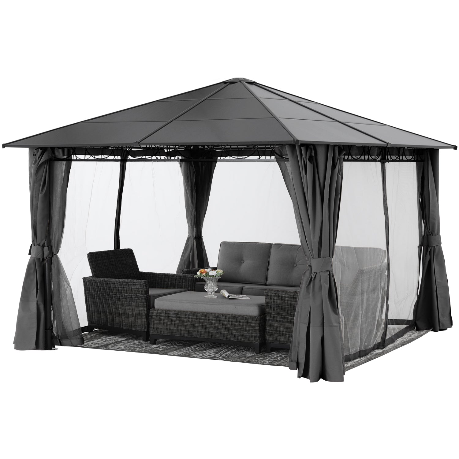 10x10/10x12 Steel Roof Hardtop Gazebo with Privacy Curtains and Netting