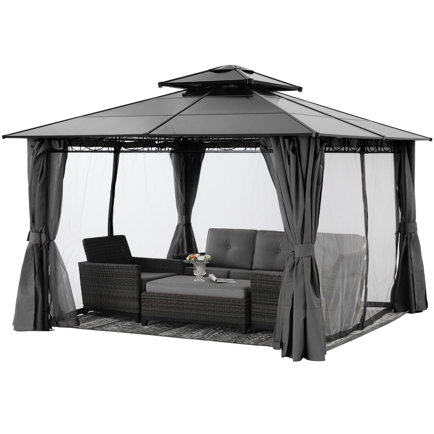 10x10/10x12 Steel Double Roof Hardtop Gazebo with Privacy Curtains and Netting
