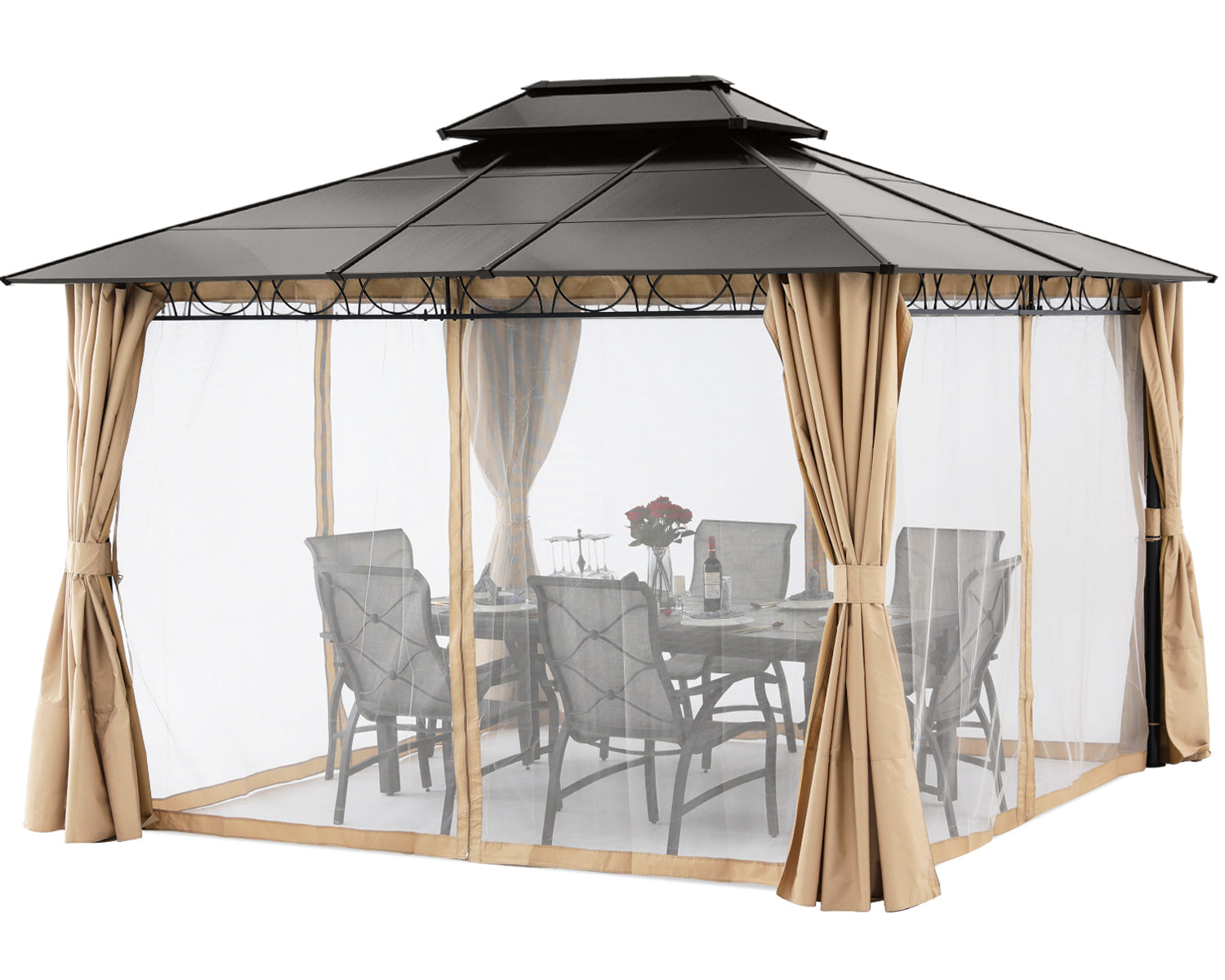 10x10/10x12 Steel Double Roof Hardtop Gazebo with Privacy Curtains and Netting