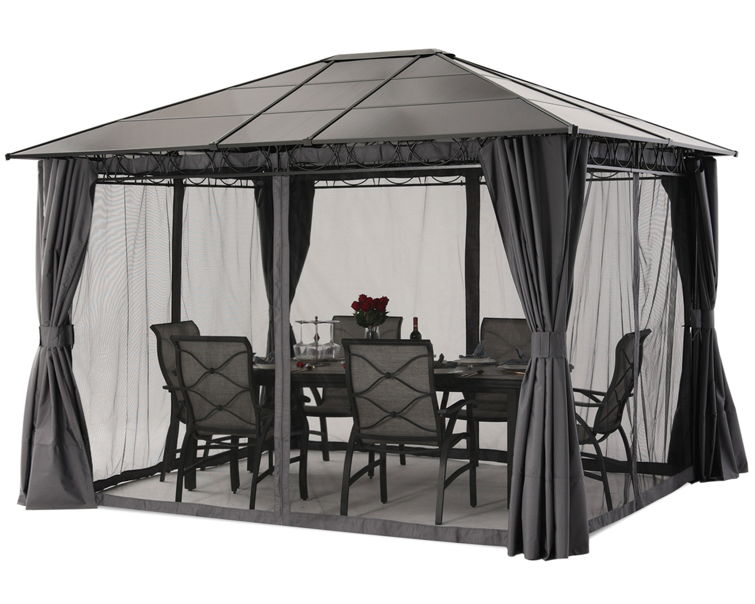 10x10/10x12 Steel Roof Hardtop Gazebo with Privacy Curtains and Netting