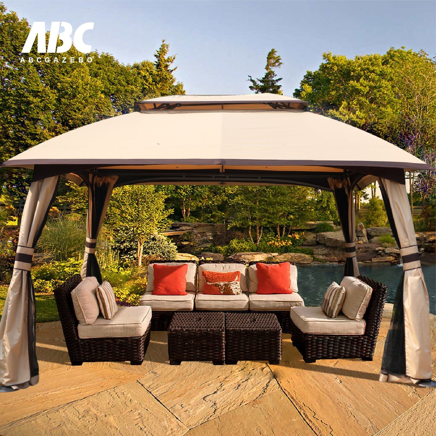 10x13 Patio Gazebo, Double Soft-top Garden Gazebos with Mosquito Netting