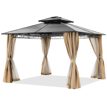 10x10/10x12 Steel Double Roof Hardtop Gazebo with Privacy Curtains and Netting