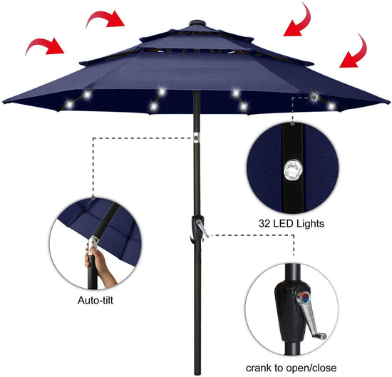 Solar 3 Tiers Patio Umbrella Outdoorwith 32 LED Ventilation