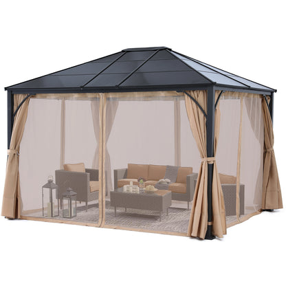 Outdoor Hardtop Metal Permanent Gazebo with Curtain and Netting
