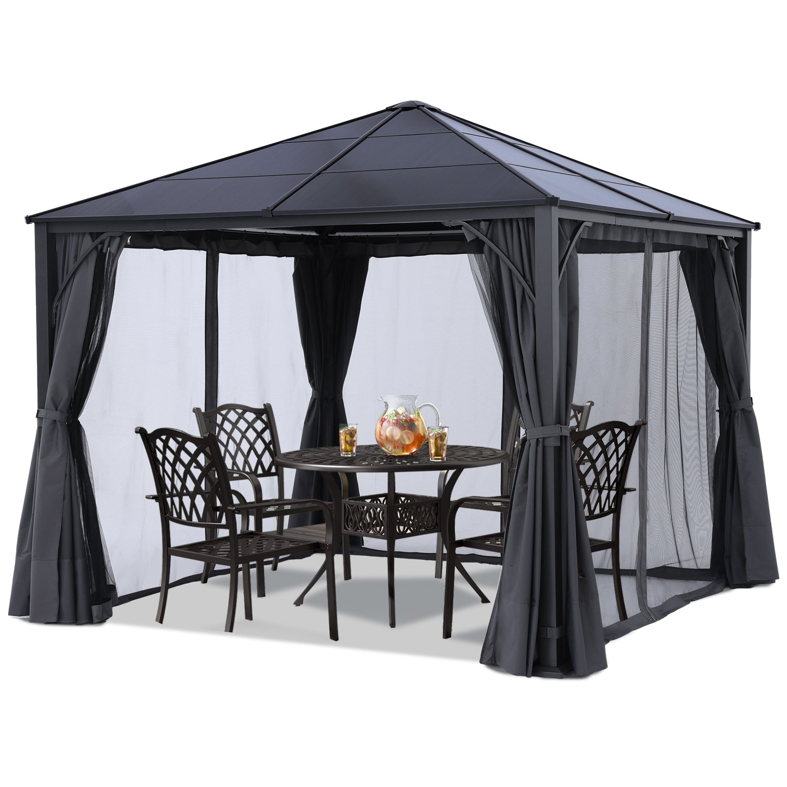 Outdoor Hardtop Metal Permanent Gazebo with Curtain and Netting