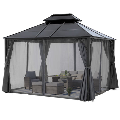 Outdoor Hardtop Metal Permanent Gazebo with Curtain and Netting