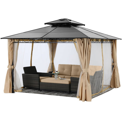 10x10/10x12 Steel Double Roof Hardtop Gazebo with Privacy Curtains and Netting