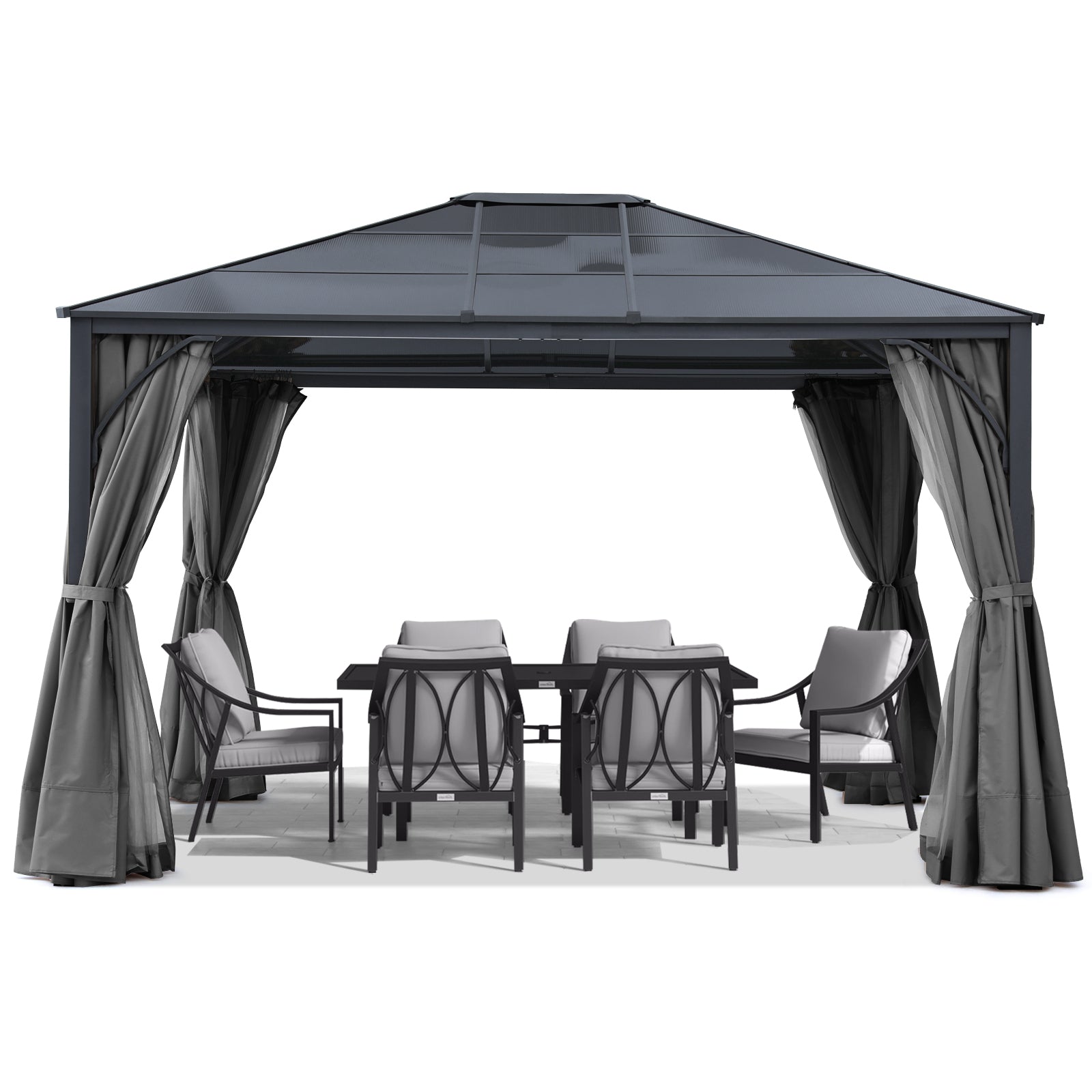 Outdoor Hardtop Metal Permanent Gazebo with Curtain and Netting