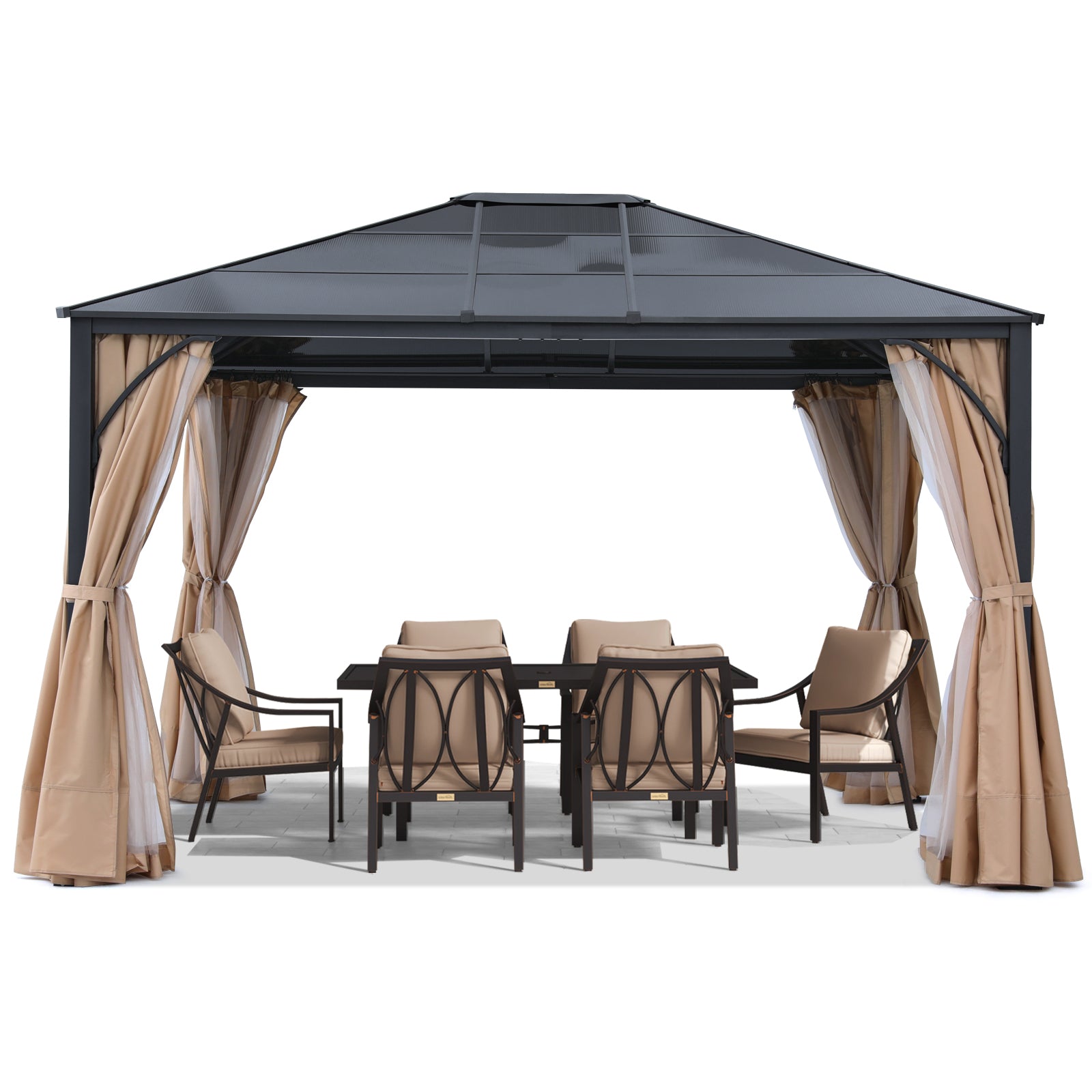 Outdoor Hardtop Metal Permanent Gazebo with Curtain and Netting