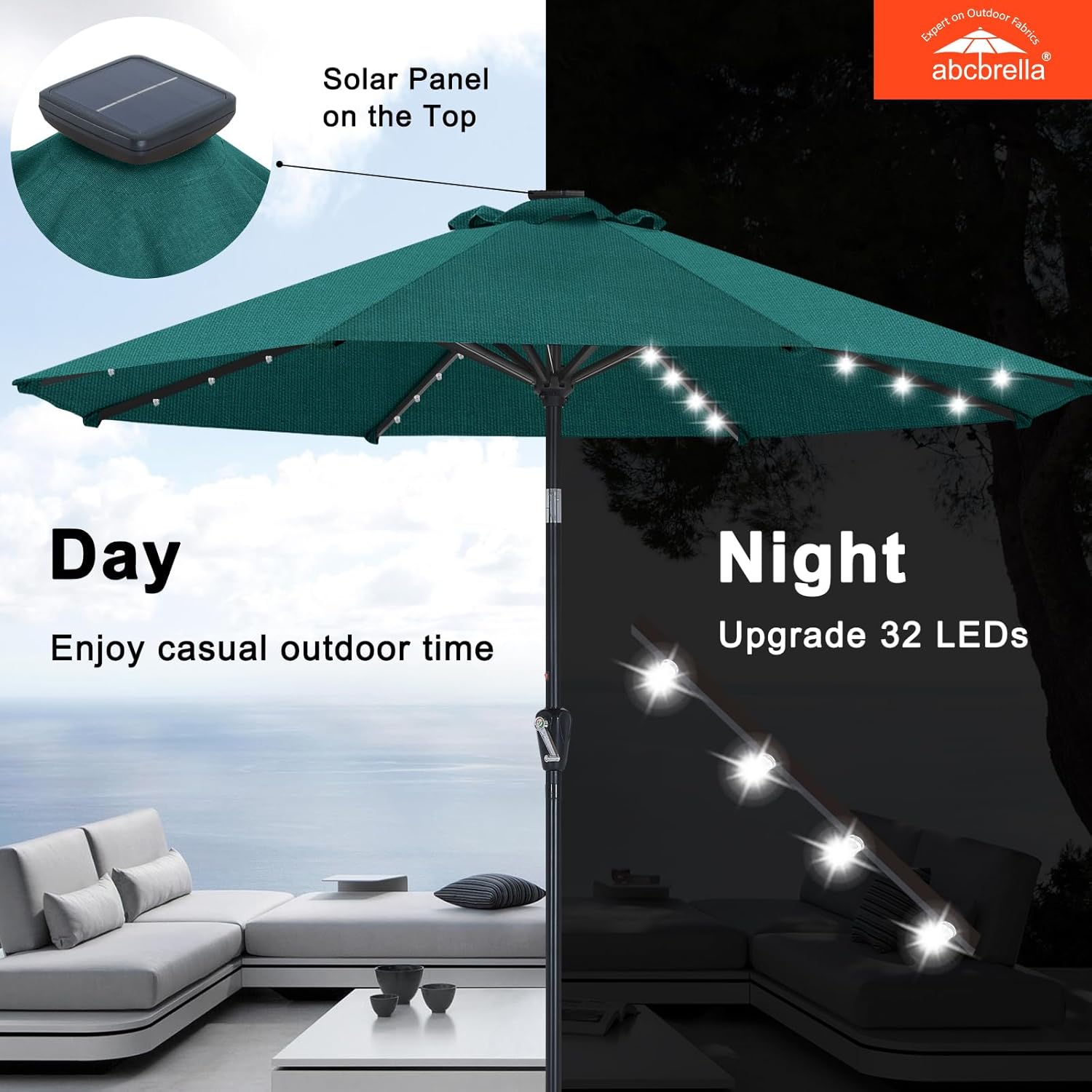 ABCCANOPY Outdoor Solar Patio Umbrella with 32 LED Lights 8 Ribs 9FT / Burgundy