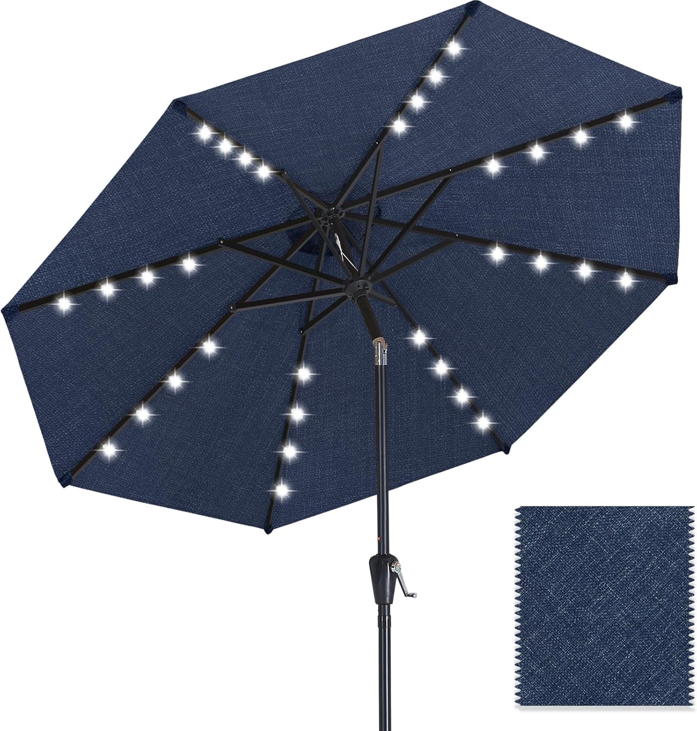 ABCCANOPY OLEFIN 5-Year No Fading Patio Umbrella with Solar Lights 9FT 8Ribs Navy Blue