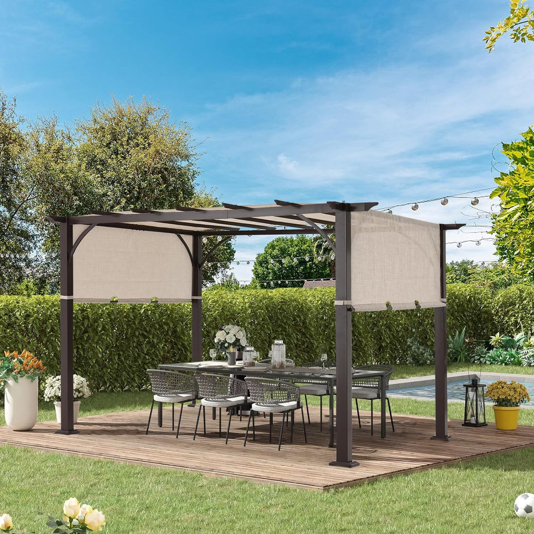 10x12 Outdoor Pergola Gazebo Canopy with Retractable Sun Shade